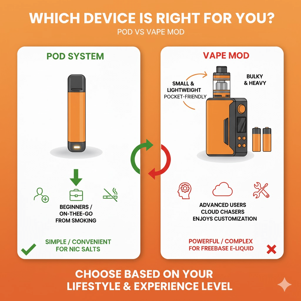Pod Vs Vape Mod: Which One Should You Choose? | Best Device 2025 | فيب مصر - Elkot Store Which Device Is Right For You?