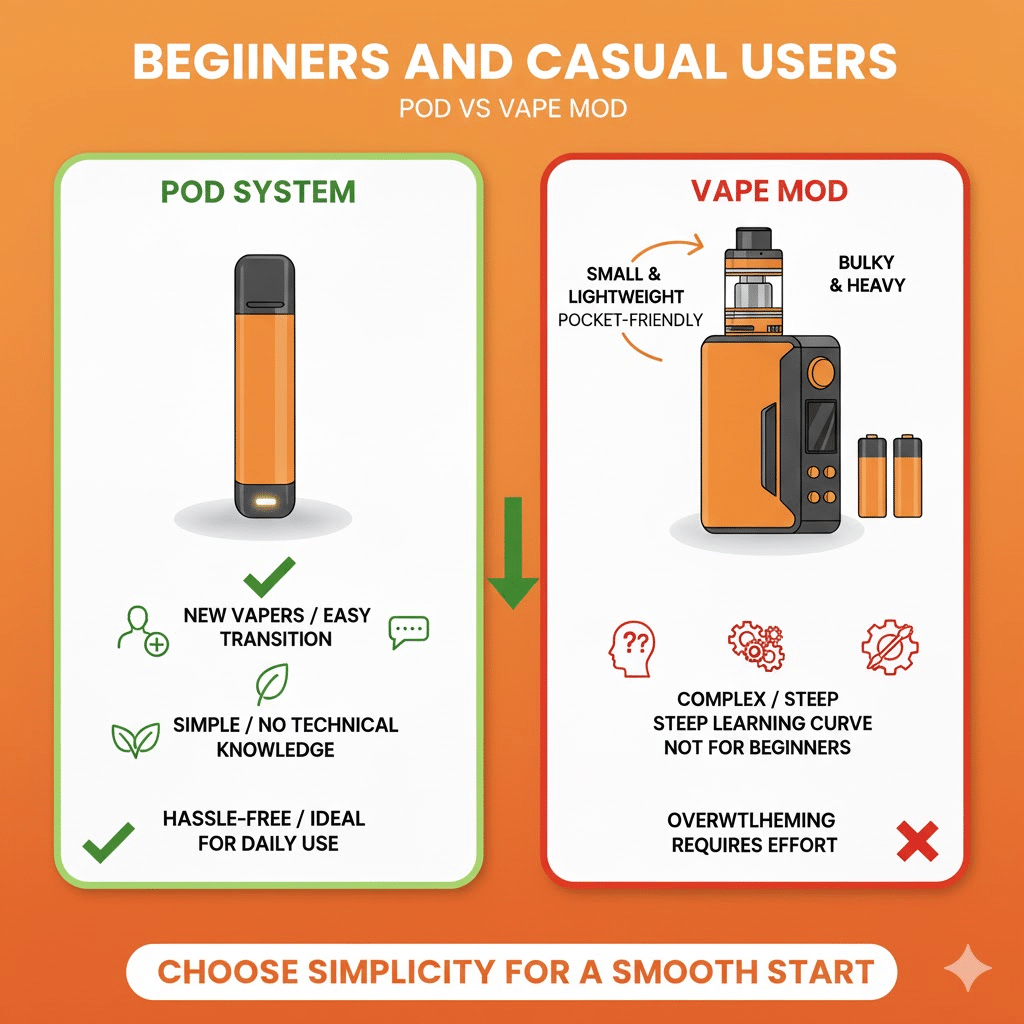 Pod Vs Vape Mod: Which One Should You Choose? | Best Device 2025 | فيب مصر - Elkot Store Beginners And Casual Users
