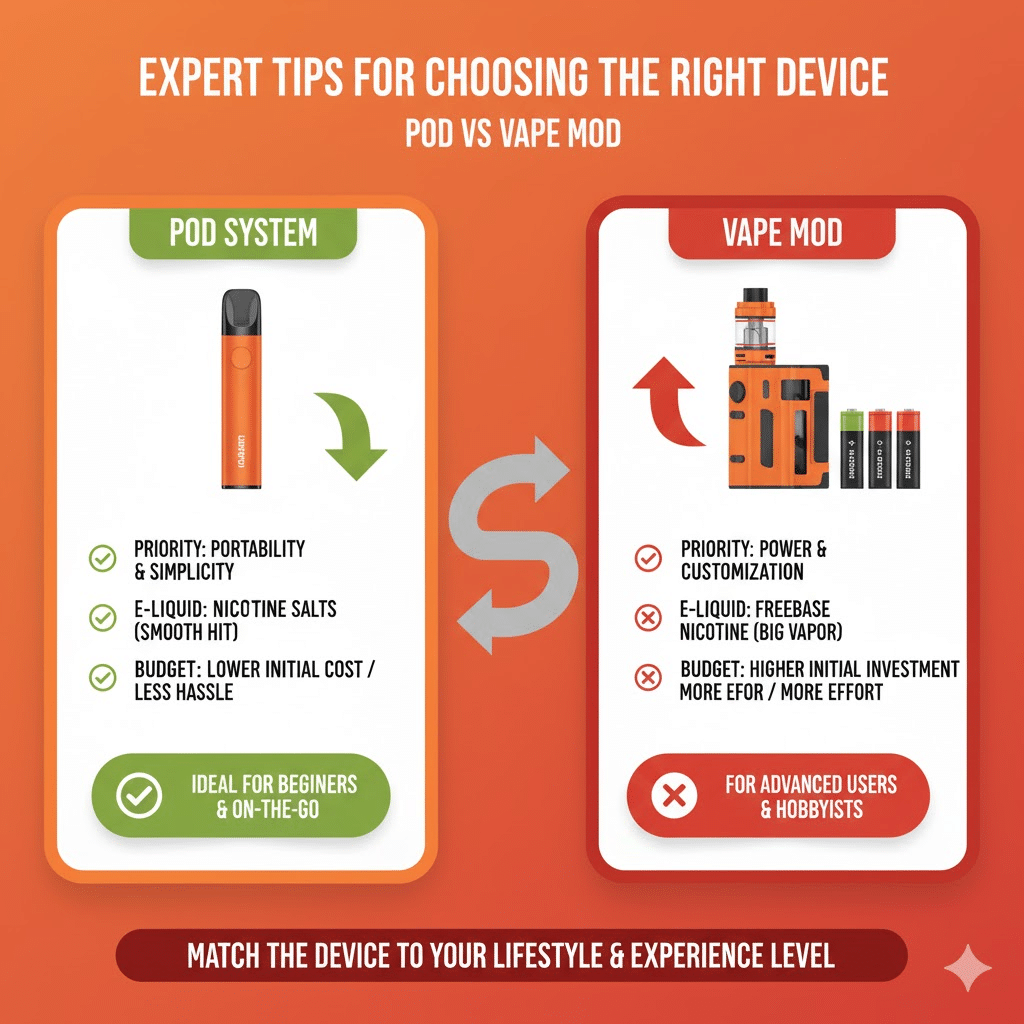 Pod Vs Vape Mod: Which One Should You Choose? | Best Device 2025 | فيب مصر - Elkot Store Expert Tips For Choosing The Right Device