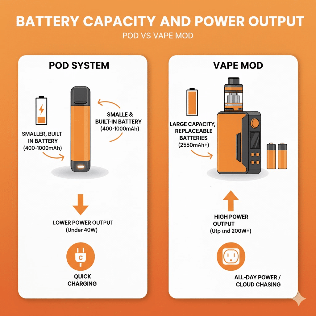 Pod Vs Vape Mod: Which One Should You Choose? | Best Device 2025 | فيب مصر - Elkot Store Battery Capacity And Power Output