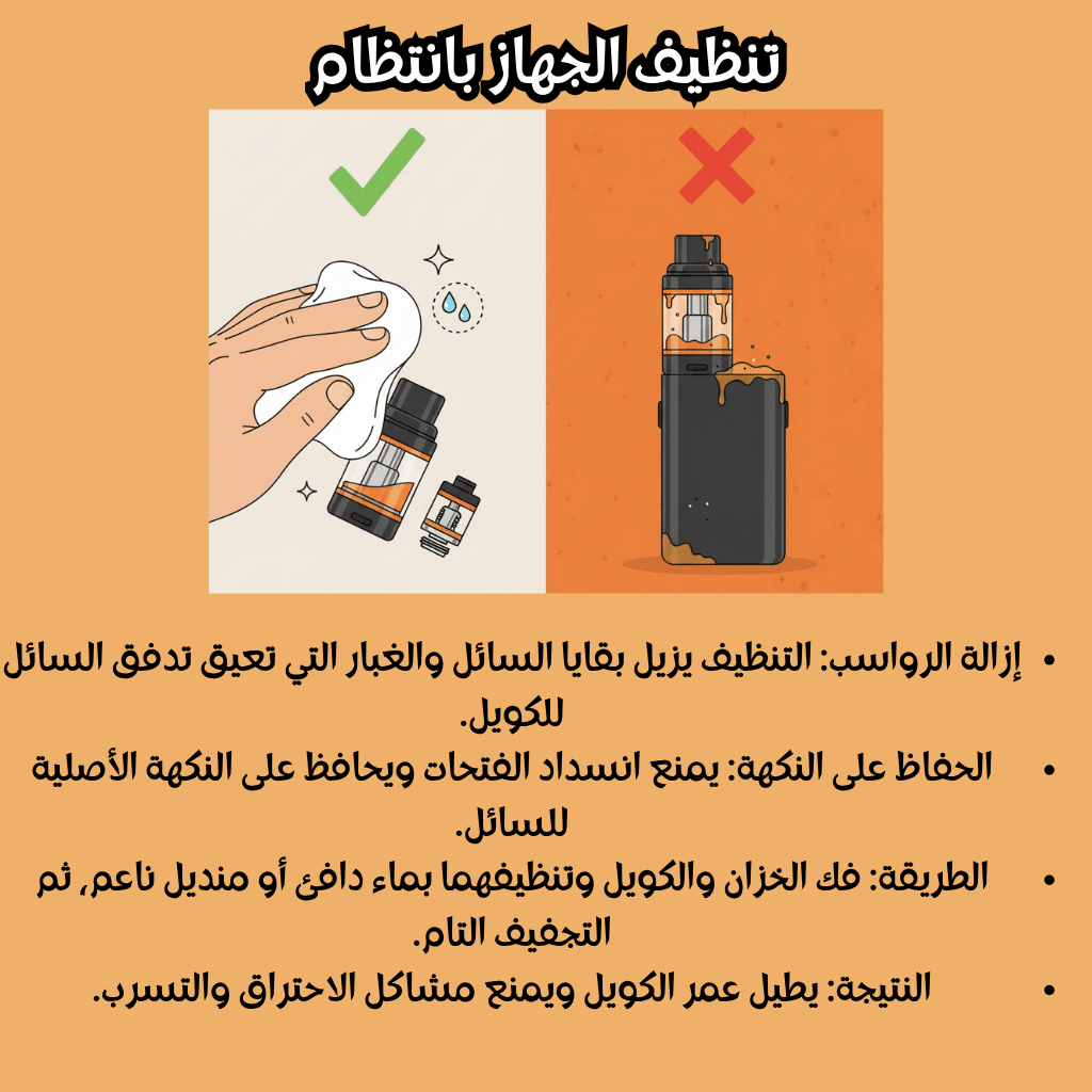 عمر الكويل في أجهزة البود | 7 نصائح لإطالة عمره | فيب مصر - Elkot Store تنظيف الجهاز بانتظام