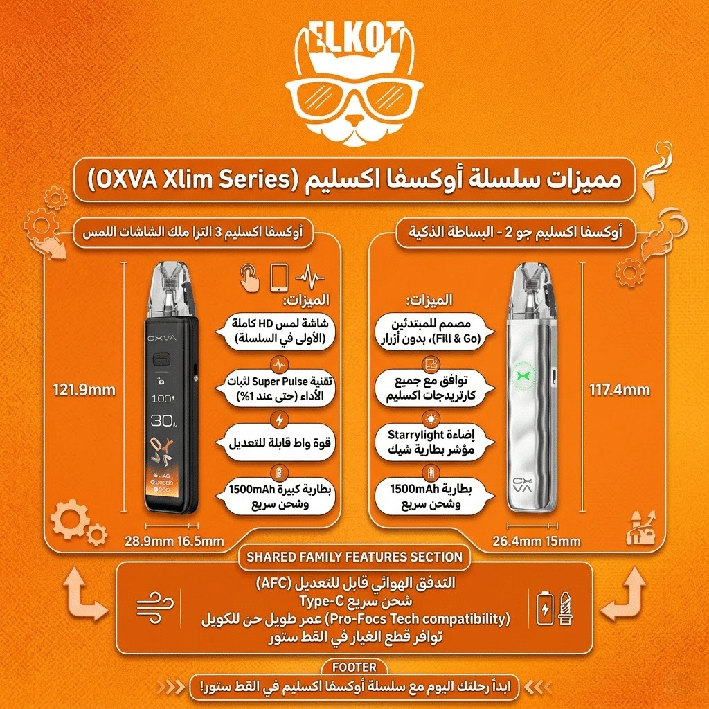 دليل شامل: أفضل فيب للمبتدئين في مصر 2026 (الأسعار والمواصفات) | فيب مصر - Elkot Store مميزات سلسلة Oxva Xlim