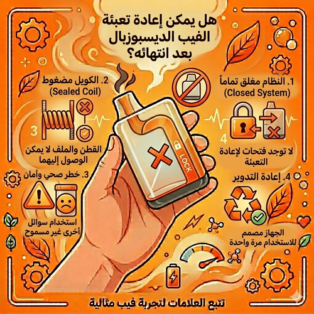 كيف تعرف أن الفيب الديسبوزبال انتهى؟ 5 علامات مؤكدة | فيب مصر - Elkot Store هل يمكن إعادة تعبئة الفيب الديسبوزبال بعد انتهائه؟