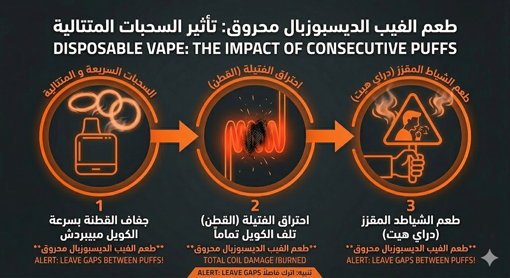 لماذا طعم الفيب الديسبوزبال محروق (شياط)؟ وكيف تتجنبه؟ | فيب مصر - Elkot Store تأثير السحبات المتتالية