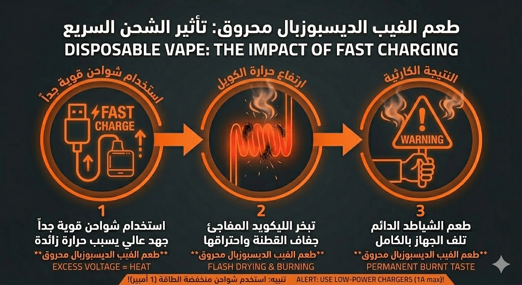 لماذا طعم الفيب الديسبوزبال محروق (شياط)؟ وكيف تتجنبه؟ | فيب مصر - Elkot Store علاقة الشحن السريع بحرق الكويل