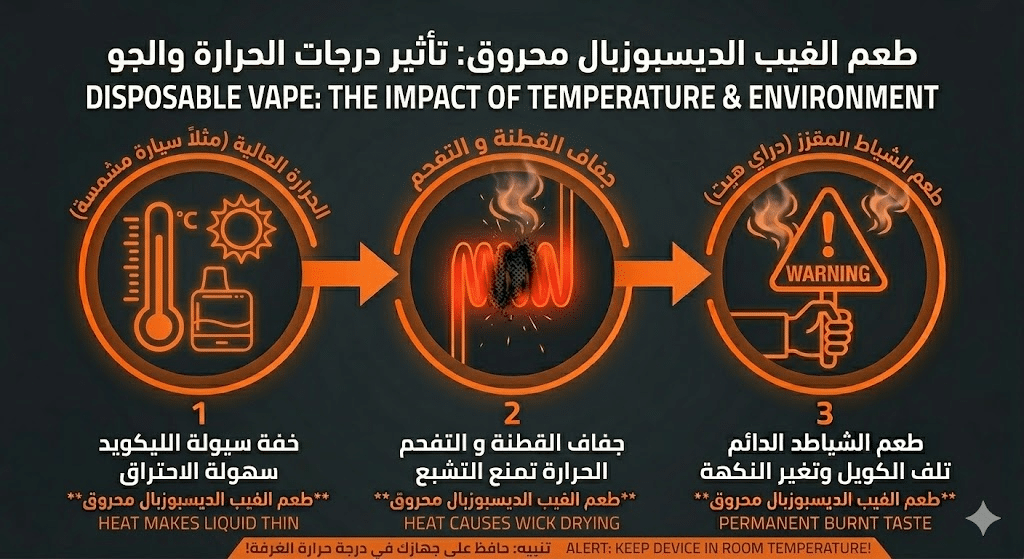 لماذا طعم الفيب الديسبوزبال محروق (شياط)؟ وكيف تتجنبه؟ | فيب مصر - Elkot Store تأثير درجات الحرارة والجو الخارجي