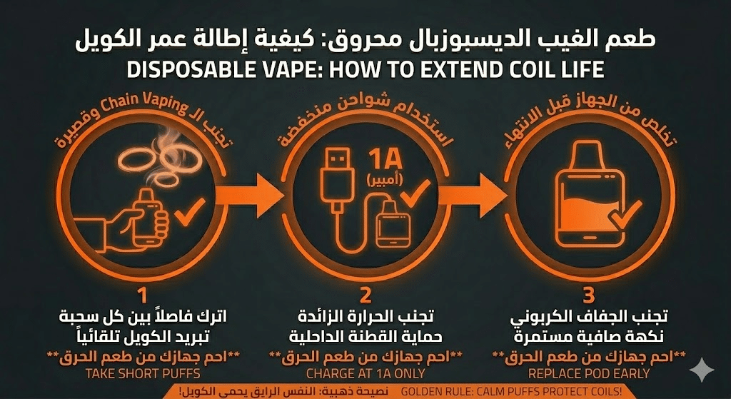 لماذا طعم الفيب الديسبوزبال محروق (شياط)؟ وكيف تتجنبه؟ | فيب مصر - Elkot Store كيفية إطالة عمر الكويل