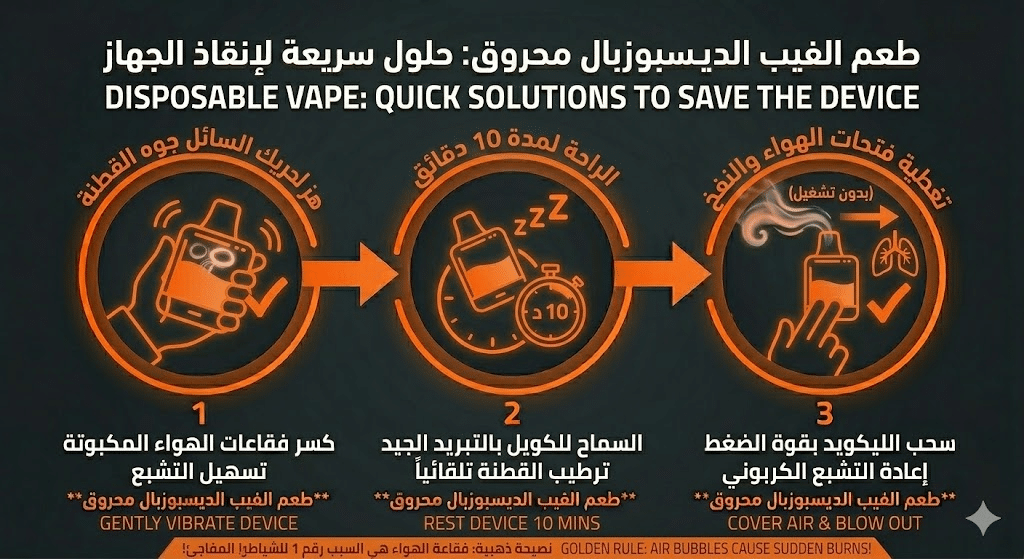 لماذا طعم الفيب الديسبوزبال محروق (شياط)؟ وكيف تتجنبه؟ | فيب مصر - Elkot Store حلول سريعة لإنقاذ الجهاز