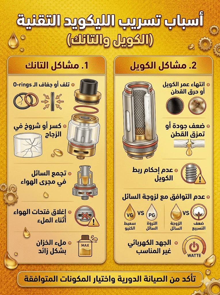 أسباب تسريب الليكويد وكيف تمنعه نهائياً | دليل شامل للحلول السريعة 2026 | فيب مصر - Elkot Store أسباب تسريب الليكويد التقنية (الكويل والتانك)