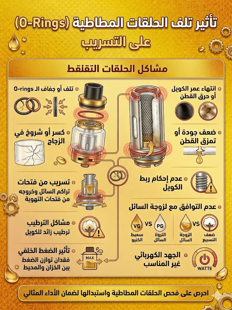 أسباب تسريب الليكويد وكيف تمنعه نهائياً | دليل شامل للحلول السريعة 2026 | فيب مصر - Elkot Store تأثير تلف الحلقات المطاطية (O-Rings) على التسريب