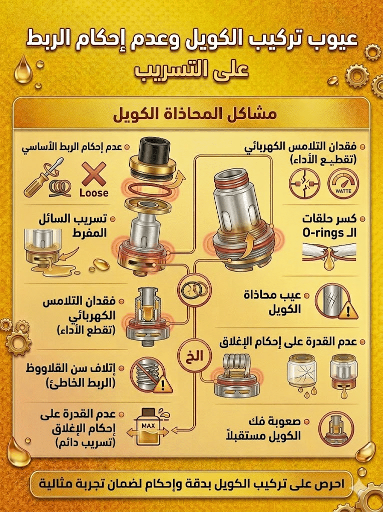 أسباب تسريب الليكويد وكيف تمنعه نهائياً | دليل شامل للحلول السريعة 2026 | فيب مصر - Elkot Store عيوب تركيب الكويل وعدم إحكام الربط