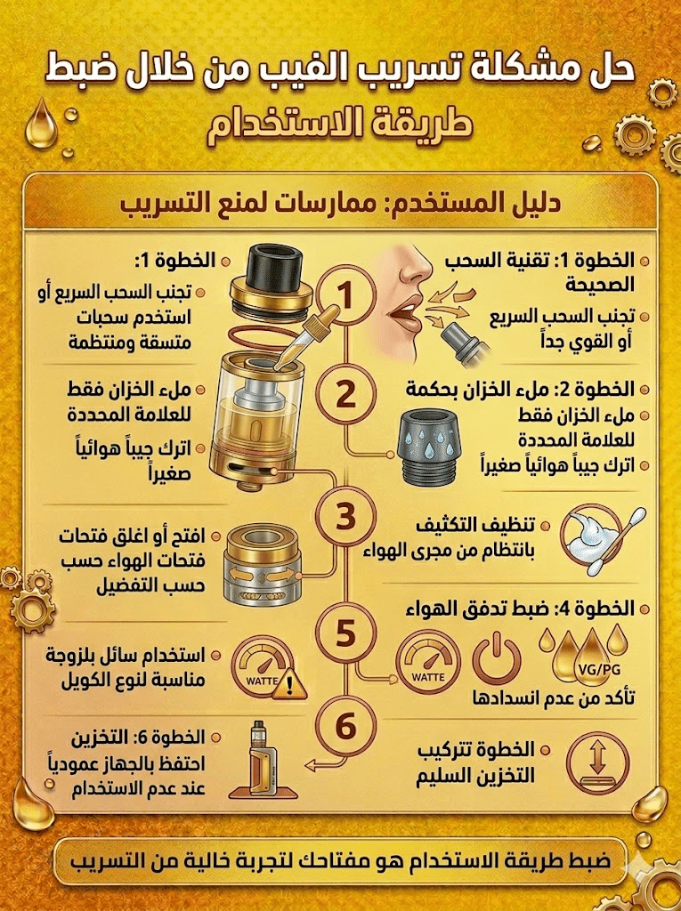 أسباب تسريب الليكويد وكيف تمنعه نهائياً | دليل شامل للحلول السريعة 2026 | فيب مصر - Elkot Store حل مشكلة تسريب الفيب من خلال ضبط طريقة الاستخدام