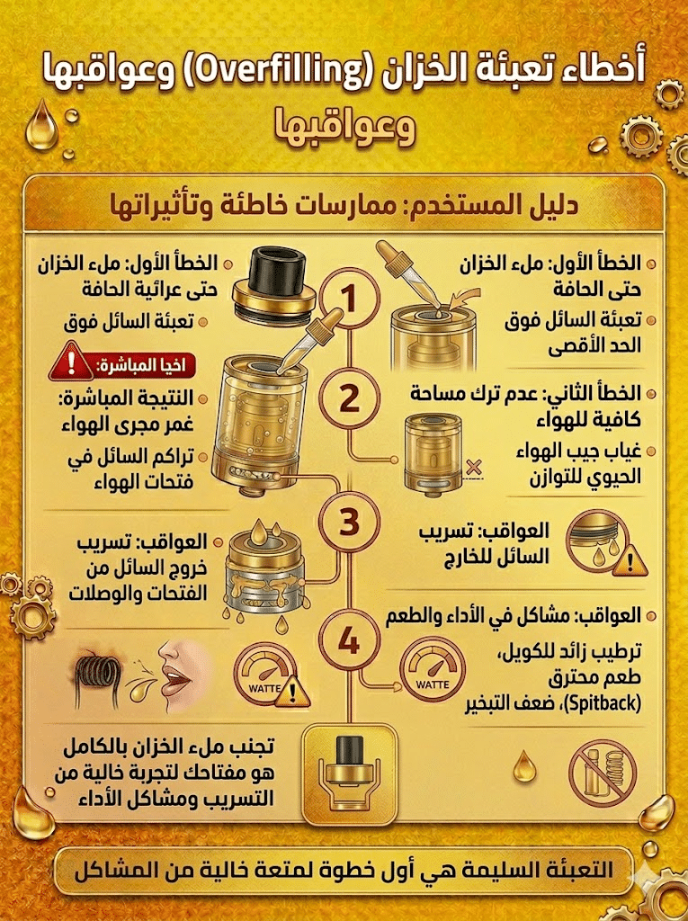 أسباب تسريب الليكويد وكيف تمنعه نهائياً | دليل شامل للحلول السريعة 2026 | فيب مصر - Elkot Store أخطاء تعبئة الخزان (Overfilling) وعواقبها