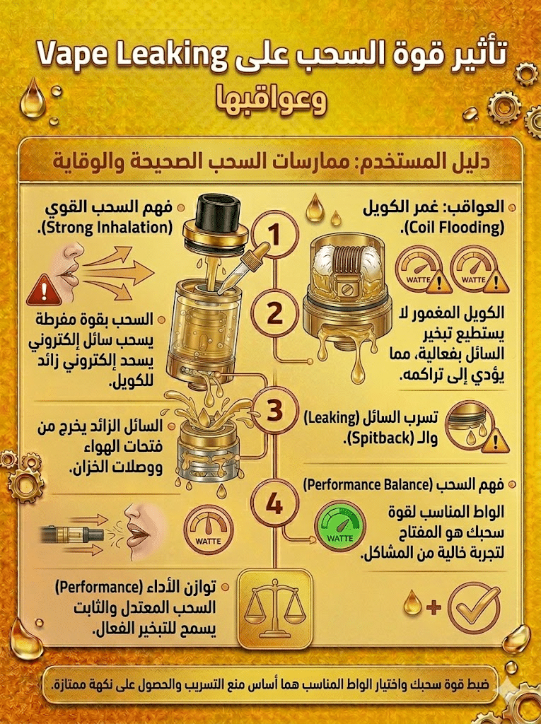 أسباب تسريب الليكويد وكيف تمنعه نهائياً | دليل شامل للحلول السريعة 2026 | فيب مصر - Elkot Store قوة السحب وتأثيرها على Vape Leaking