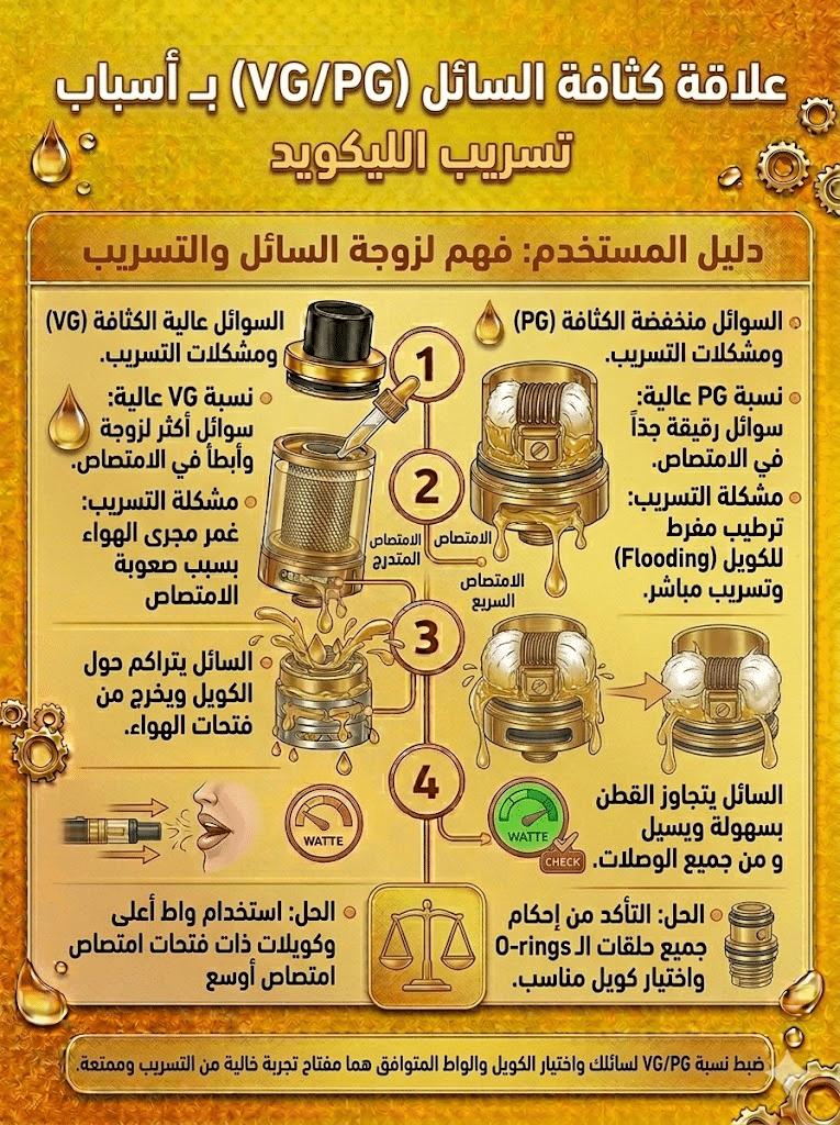 أسباب تسريب الليكويد وكيف تمنعه نهائياً | دليل شامل للحلول السريعة 2026 | فيب مصر - Elkot Store علاقة كثافة السائل بـ أسباب تسريب الليكويد (Vg/Pg)