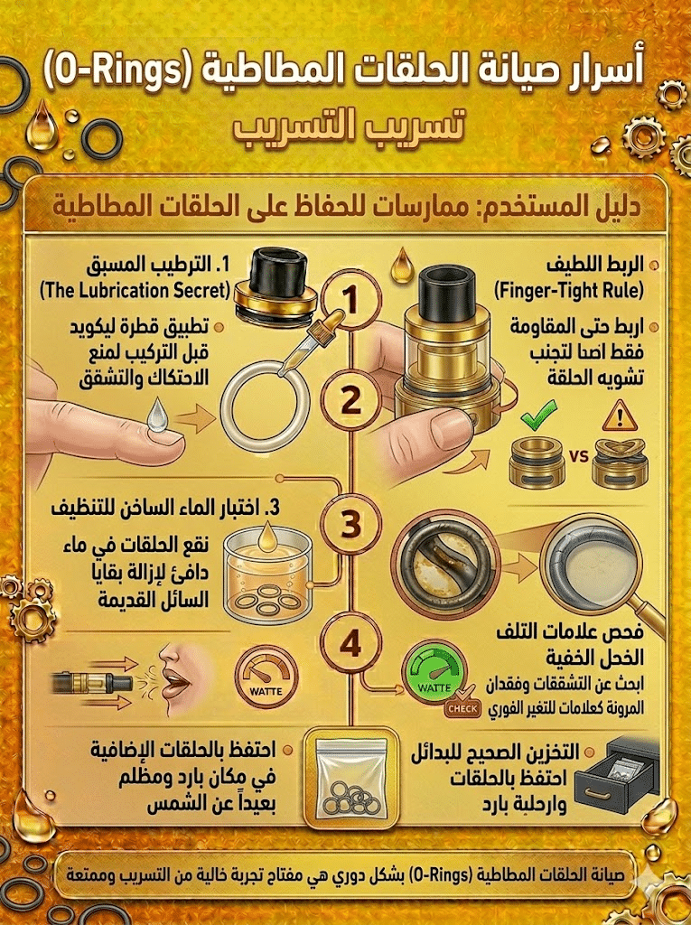 أسباب تسريب الليكويد وكيف تمنعه نهائياً | دليل شامل للحلول السريعة 2026 | فيب مصر - Elkot Store أسرار صيانة (O-Rings)