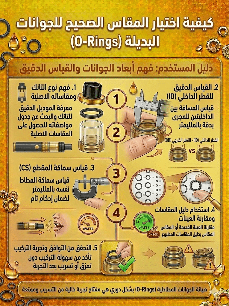 أسباب تسريب الليكويد وكيف تمنعه نهائياً | دليل شامل للحلول السريعة 2026 | فيب مصر - Elkot Store كيفية اختيار المقاس الصحيح للجوانات البديلة