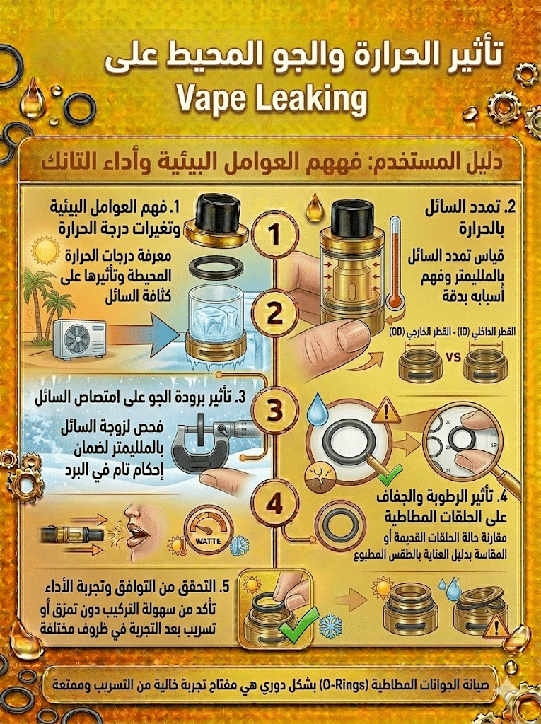 أسباب تسريب الليكويد وكيف تمنعه نهائياً | دليل شامل للحلول السريعة 2026 | فيب مصر - Elkot Store تأثير الحرارة والجو المحيط