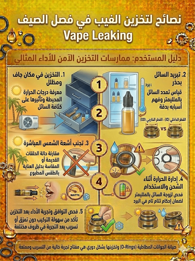 أسباب تسريب الليكويد وكيف تمنعه نهائياً | دليل شامل للحلول السريعة 2026 | فيب مصر - Elkot Store نصائح لتخزين الفيب في فصل الصيف