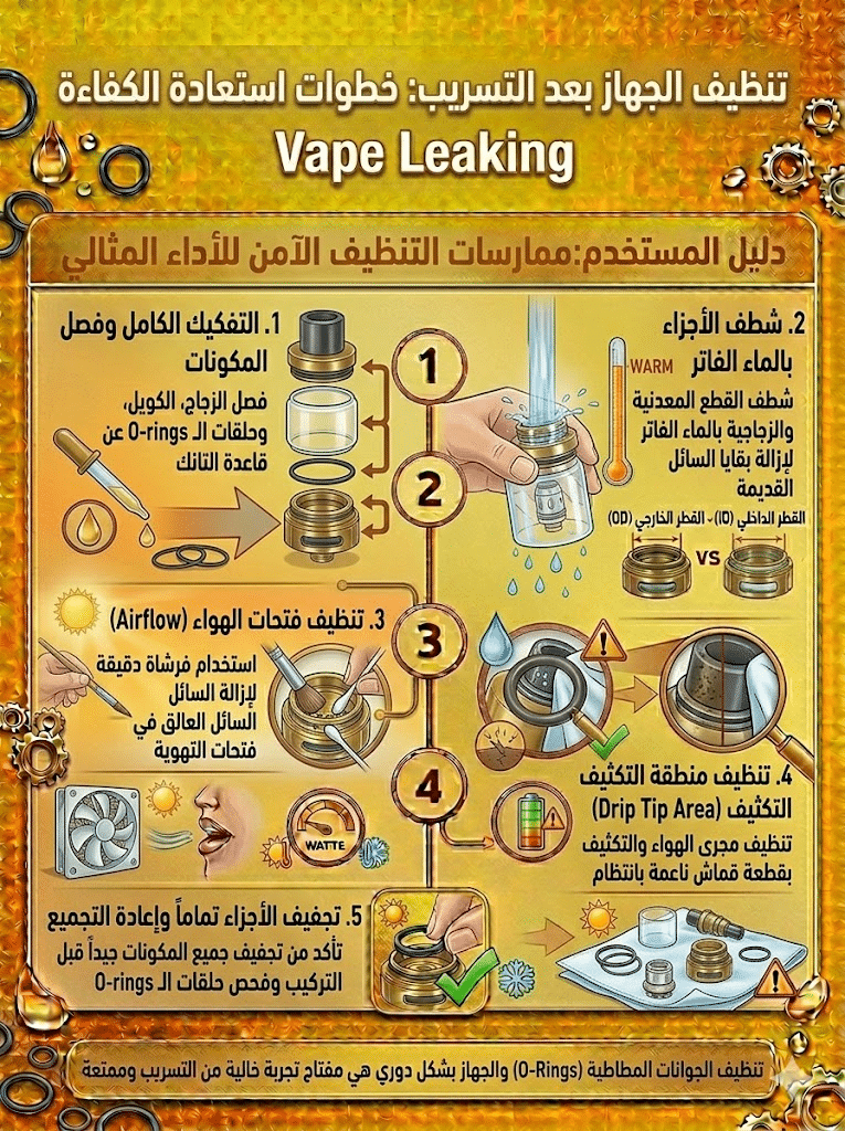 أسباب تسريب الليكويد وكيف تمنعه نهائياً | دليل شامل للحلول السريعة 2026 | فيب مصر - Elkot Store تنظيف الجهاز بعد التسريب: خطوات استعادة الكفاءة