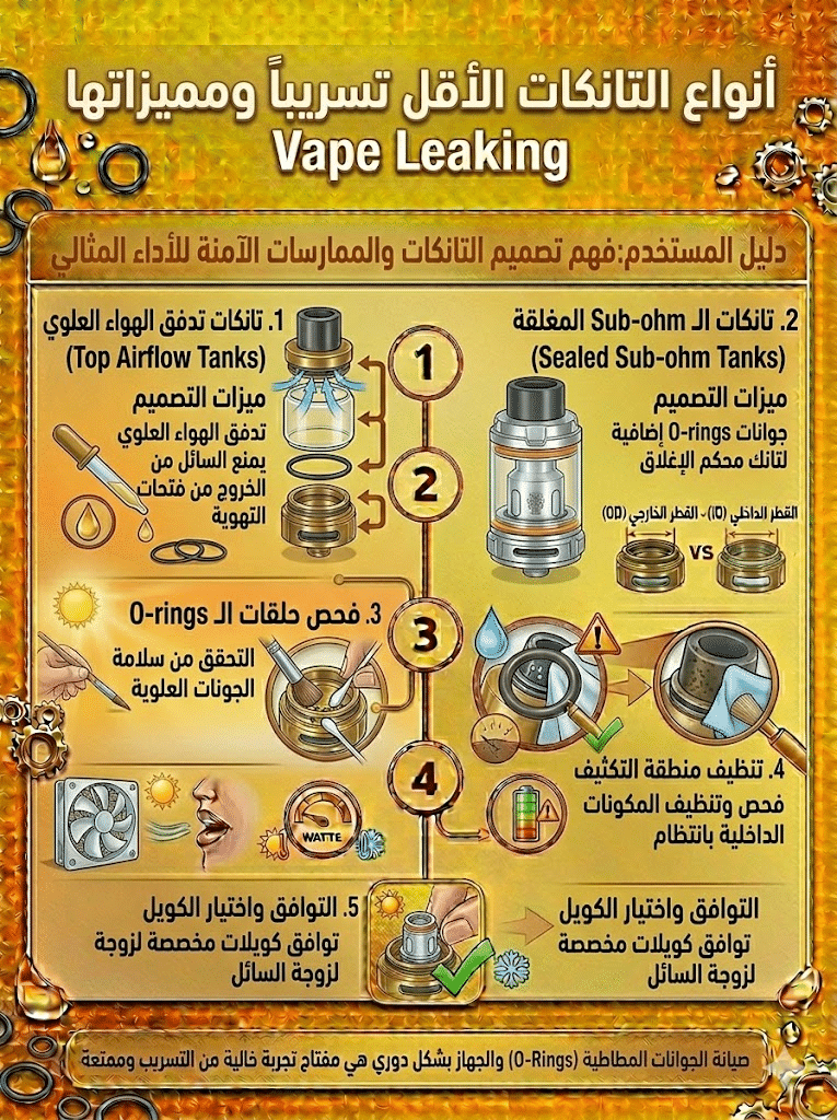 أسباب تسريب الليكويد وكيف تمنعه نهائياً | دليل شامل للحلول السريعة 2026 | فيب مصر - Elkot Store أنواع التانكات الأقل تسريباً ومميزاتها