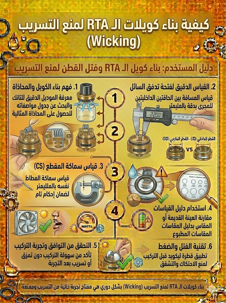 أسباب تسريب الليكويد وكيف تمنعه نهائياً | دليل شامل للحلول السريعة 2026 | فيب مصر - Elkot Store كيفية بناء كويلات الـ Rta لمنع التسريب (Wicking)