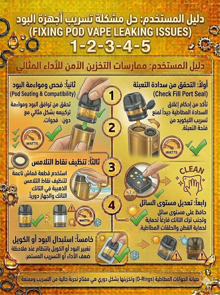 أسباب تسريب الليكويد وكيف تمنعه نهائياً | دليل شامل للحلول السريعة 2026 | فيب مصر - Elkot Store حل مشكلة تسريب أجهزة البود