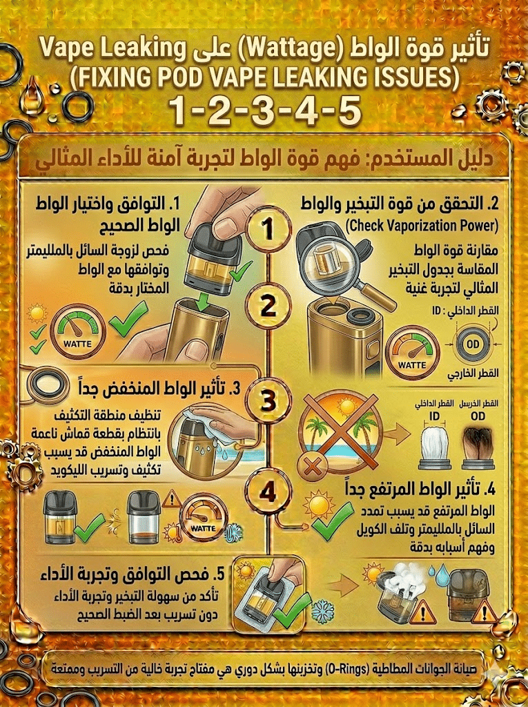 أسباب تسريب الليكويد وكيف تمنعه نهائياً | دليل شامل للحلول السريعة 2026 | فيب مصر - Elkot Store تأثير قوة الواط (Wattage) على Vape Leaking