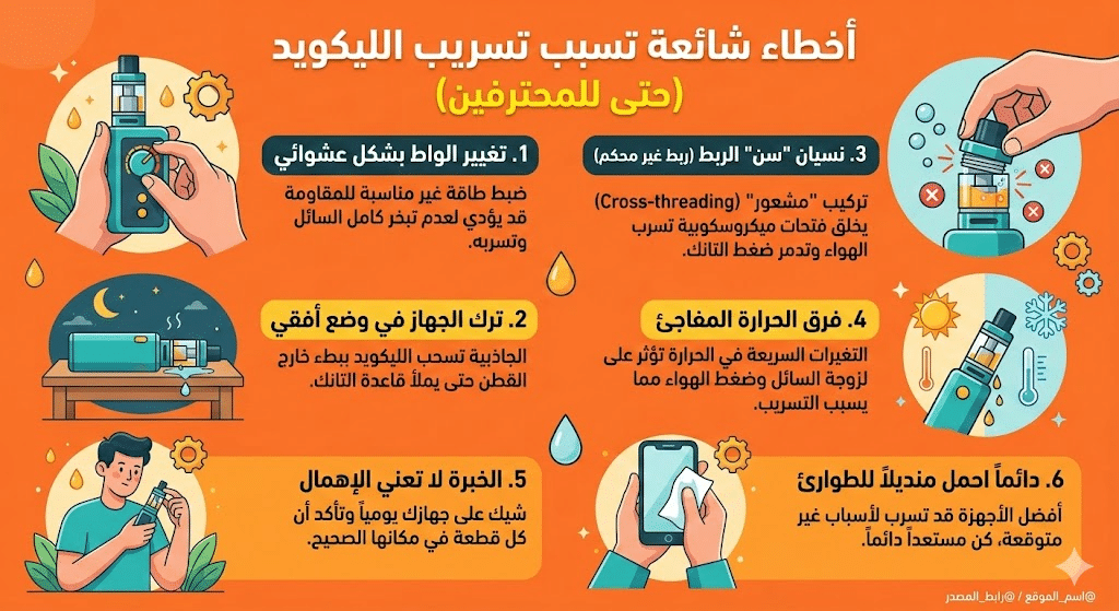 أسباب تسريب الليكويد وكيف تمنعه نهائياً | دليل شامل للحلول السريعة 2026 | فيب مصر - Elkot Store أخطاء شائعة يقع فيها المحترفون وأسباب تسريب الليكويد المفاجئ