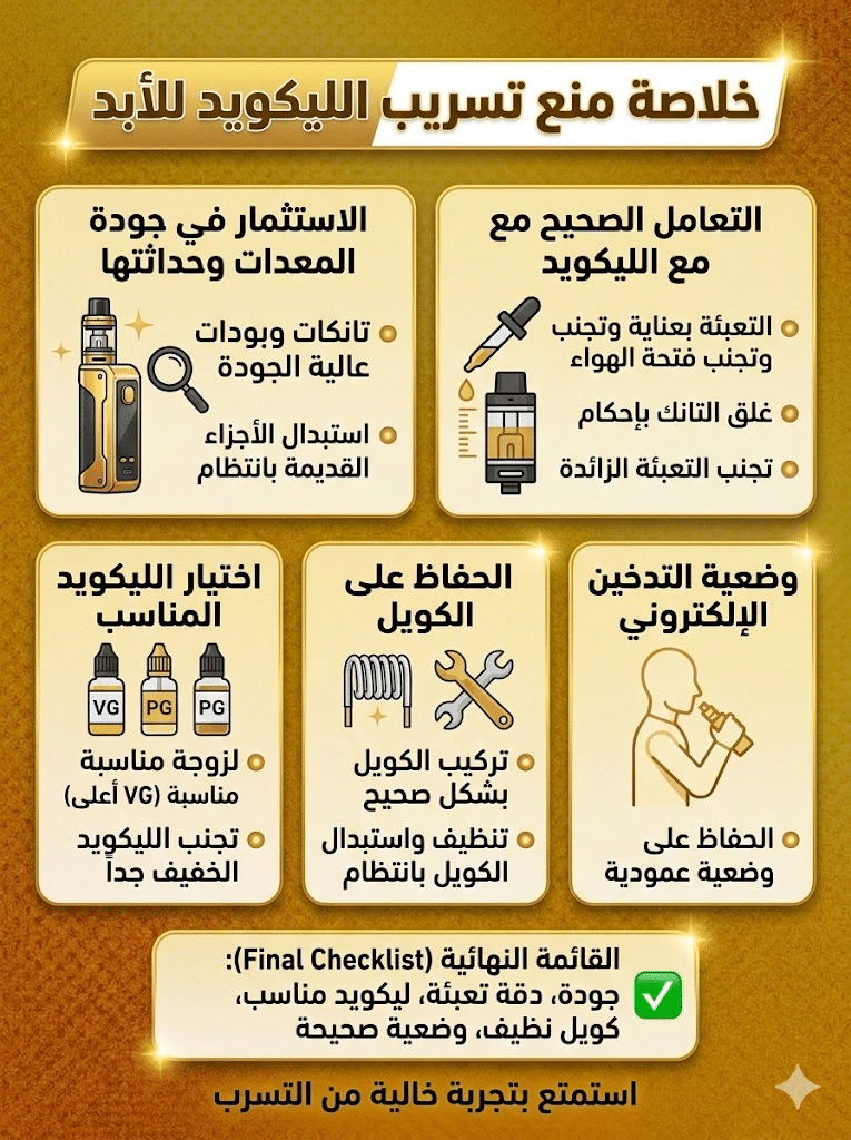 أسباب تسريب الليكويد وكيف تمنعه نهائياً | دليل شامل للحلول السريعة 2026 | فيب مصر - Elkot Store الخلاصة النهائية لمنع تسريب الليكويد للأبد