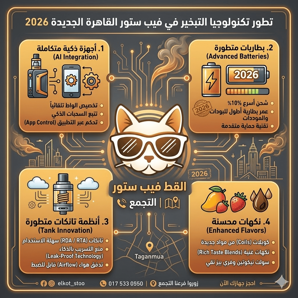 متجر فيب في التجمع | اكتشف اقرب فيب ستور ليك 2026 | فيب مصر - Elkot Store تطور تكنولوجيا التبخير في فيب ستور القاهرة الجديدة 2026