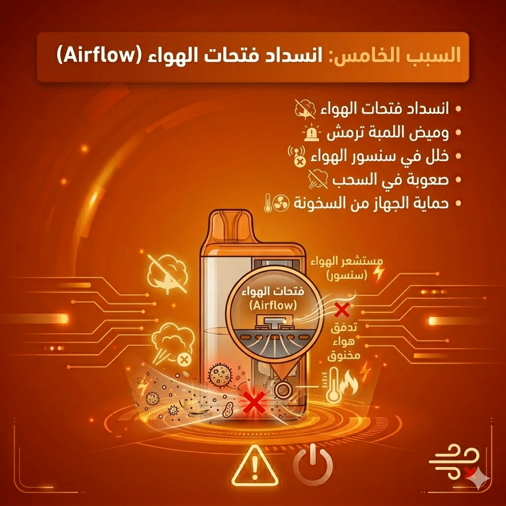 5 اسباب تخلي اللمبة ترمش في الفيب الديسبوسبل : ماذا يعني الوميض وكيف تتصرف؟ | فيب مصر - Elkot Store السبب الخامس: انسداد فتحات الهواء (Airflow)