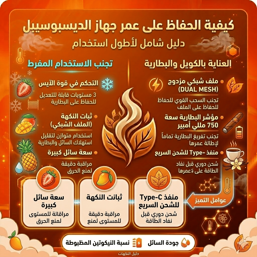 ما هو أفضل طعم ديسبوسيبل : أفضل نكهات الديسبوزابل (الفواكه، الآيس، التبغ) التي يجب أن تجربها | فيب مصر - Elkot Store كيفية الحفاظ على عمر جهاز الديسبوسيبل