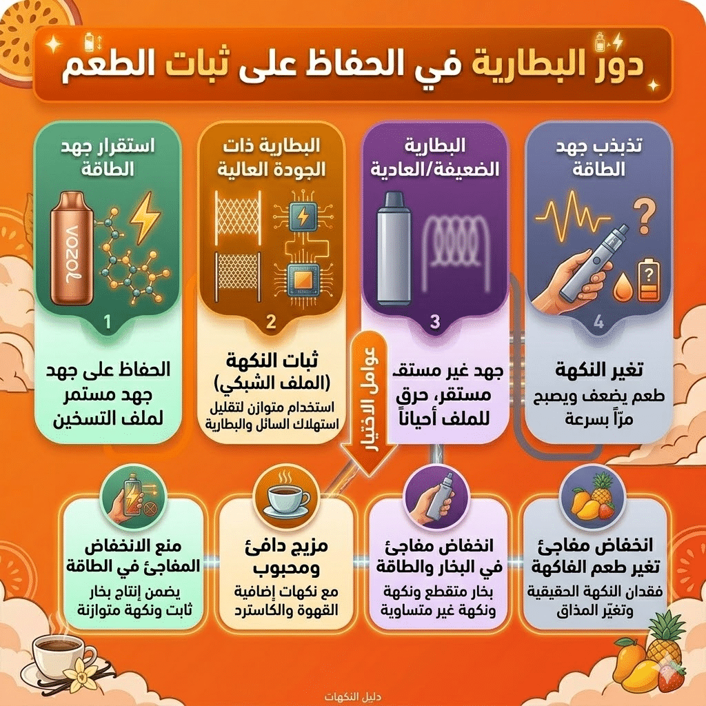 ما هو أفضل طعم ديسبوسيبل : أفضل نكهات الديسبوزابل (الفواكه، الآيس، التبغ) التي يجب أن تجربها | فيب مصر - Elkot Store دور البطارية في الحفاظ على ثبات الطعم