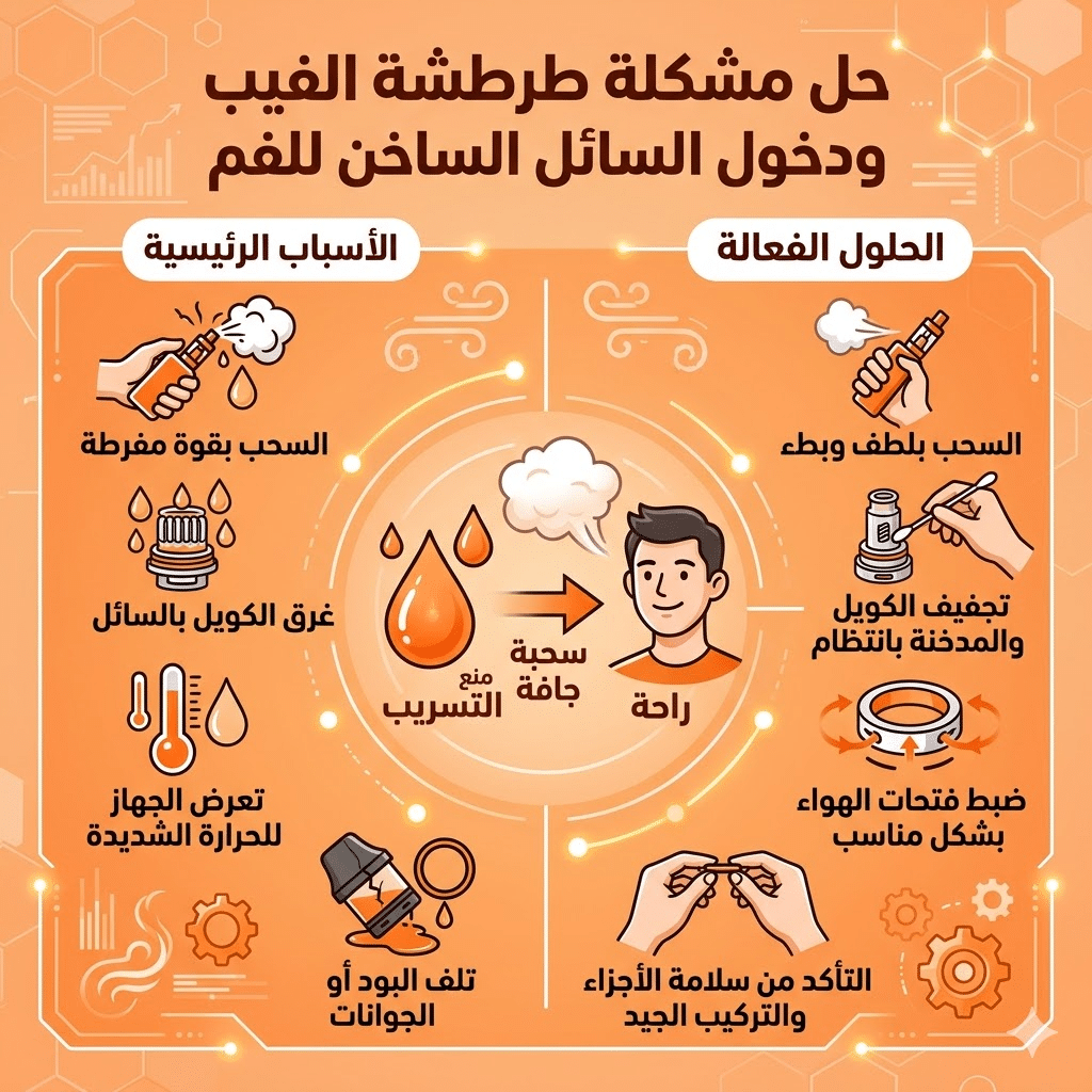 أسباب تسريب السائل في البود : حل مشكلة طرطشة الفيب (Spitback) ودخول السائل الساخن للفم | فيب مصر - Elkot Store مشكلة طرطشة الفيب ودخول السائل الساخن للفم