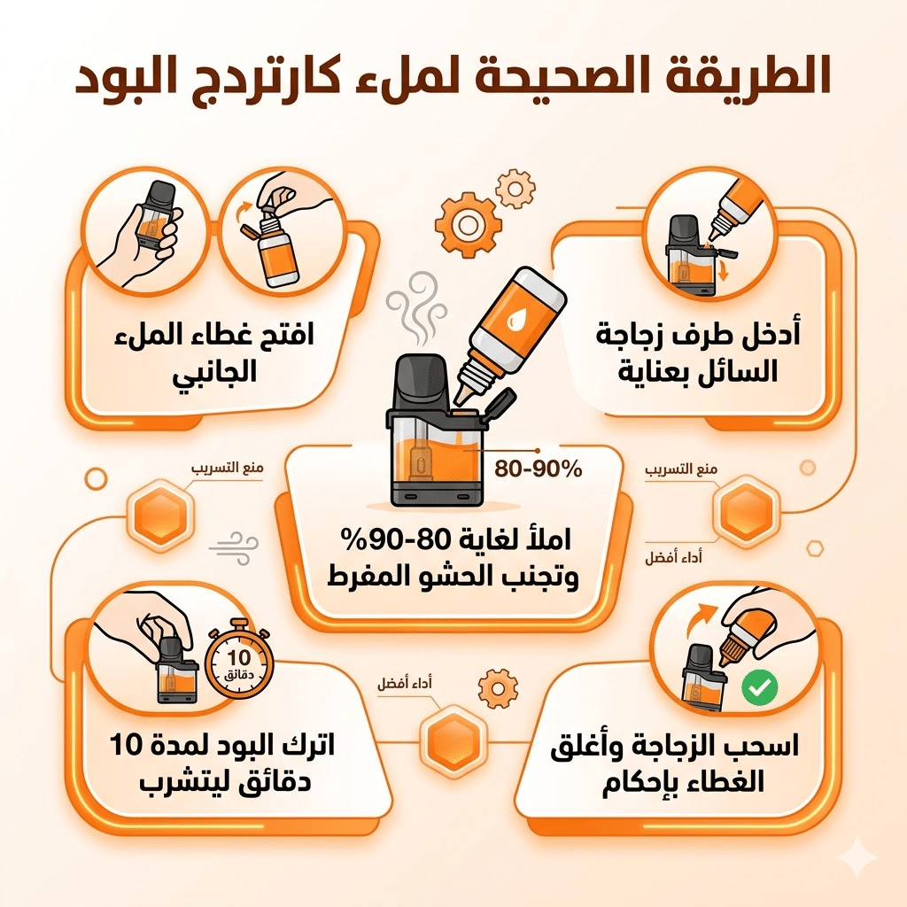 أسباب تسريب السائل في البود : حل مشكلة طرطشة الفيب (Spitback) ودخول السائل الساخن للفم | فيب مصر - Elkot Store الطريقة الصحيحة لملء كارتردج البود