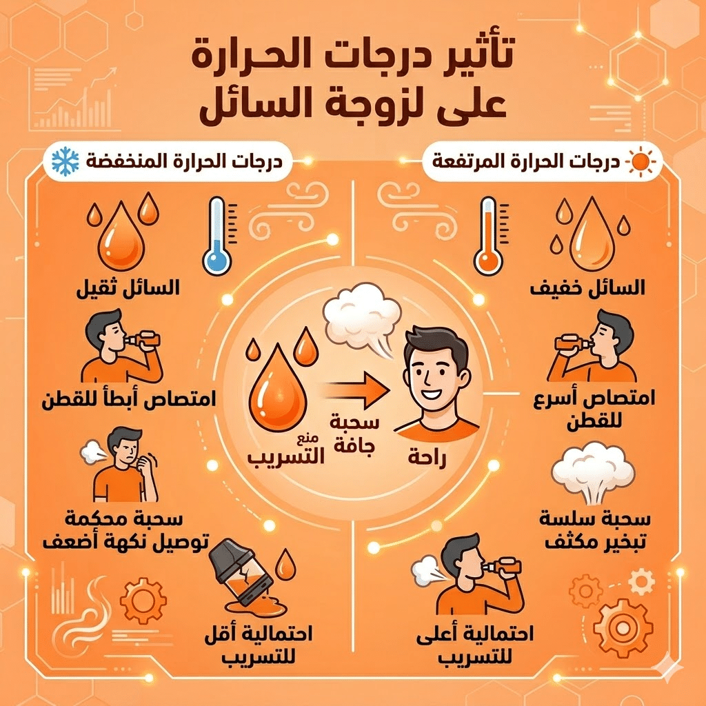 أسباب تسريب السائل في البود : حل مشكلة طرطشة الفيب (Spitback) ودخول السائل الساخن للفم | فيب مصر - Elkot Store تأثير درجات الحرارة على لزوجة السائل