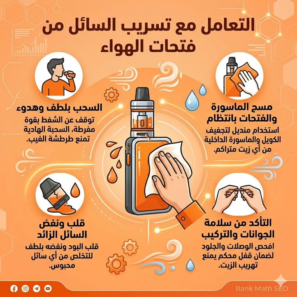 أسباب تسريب السائل في البود : حل مشكلة طرطشة الفيب (Spitback) ودخول السائل الساخن للفم | فيب مصر - Elkot Store التعامل مع تسريب السائل من فتحات الهواء