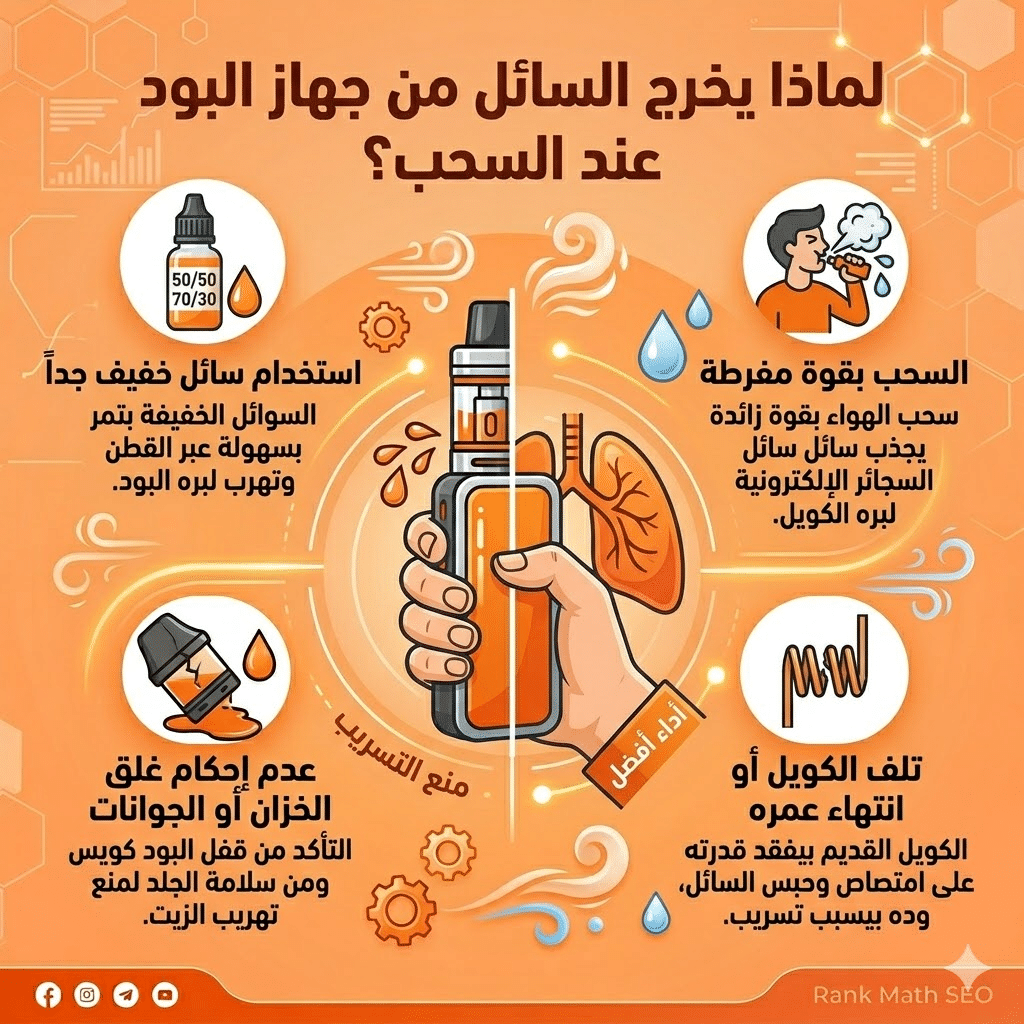 أسباب تسريب السائل في البود : حل مشكلة طرطشة الفيب (Spitback) ودخول السائل الساخن للفم | فيب مصر - Elkot Store لماذا يخرج السائل من جهاز البود عند السحب؟