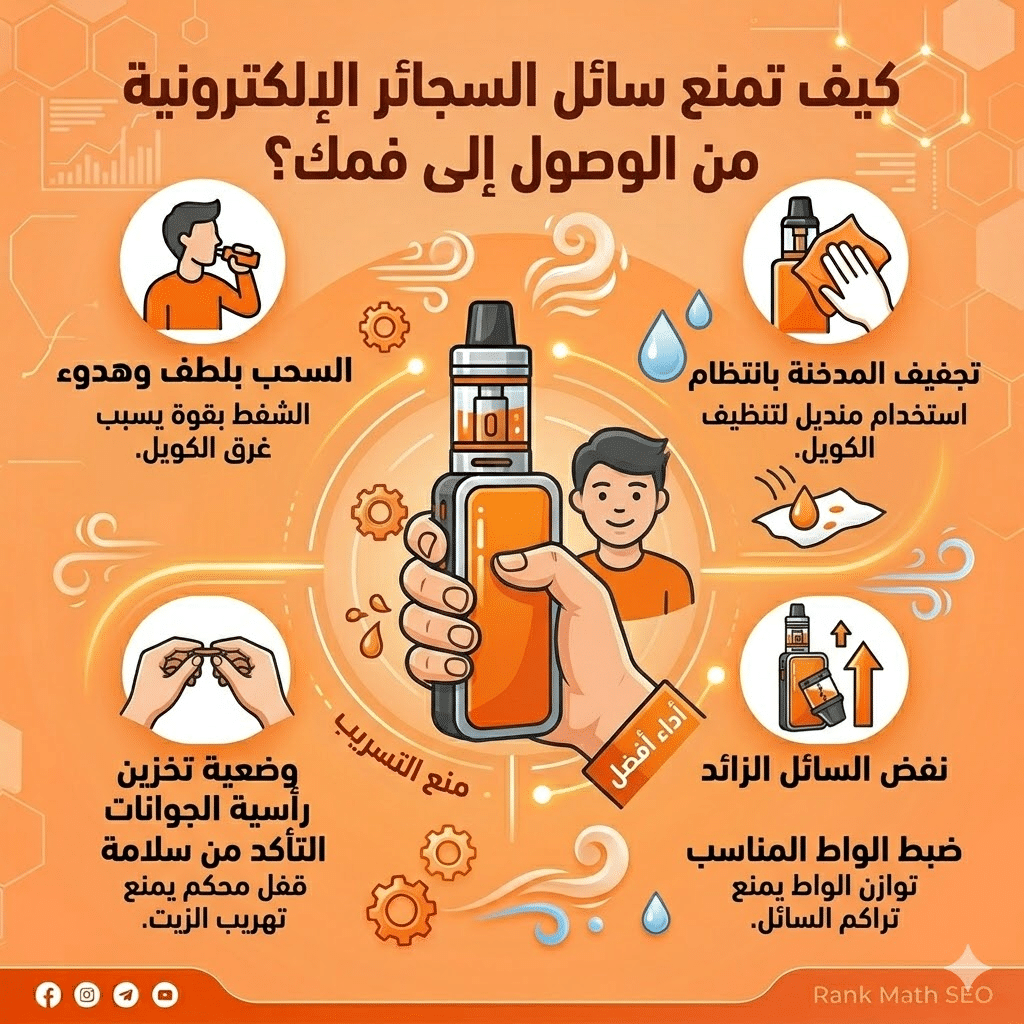 أسباب تسريب السائل في البود : حل مشكلة طرطشة الفيب (Spitback) ودخول السائل الساخن للفم | فيب مصر - Elkot Store كيف تمنع سائل السجائر الإلكترونية من الوصول إلى فمك؟