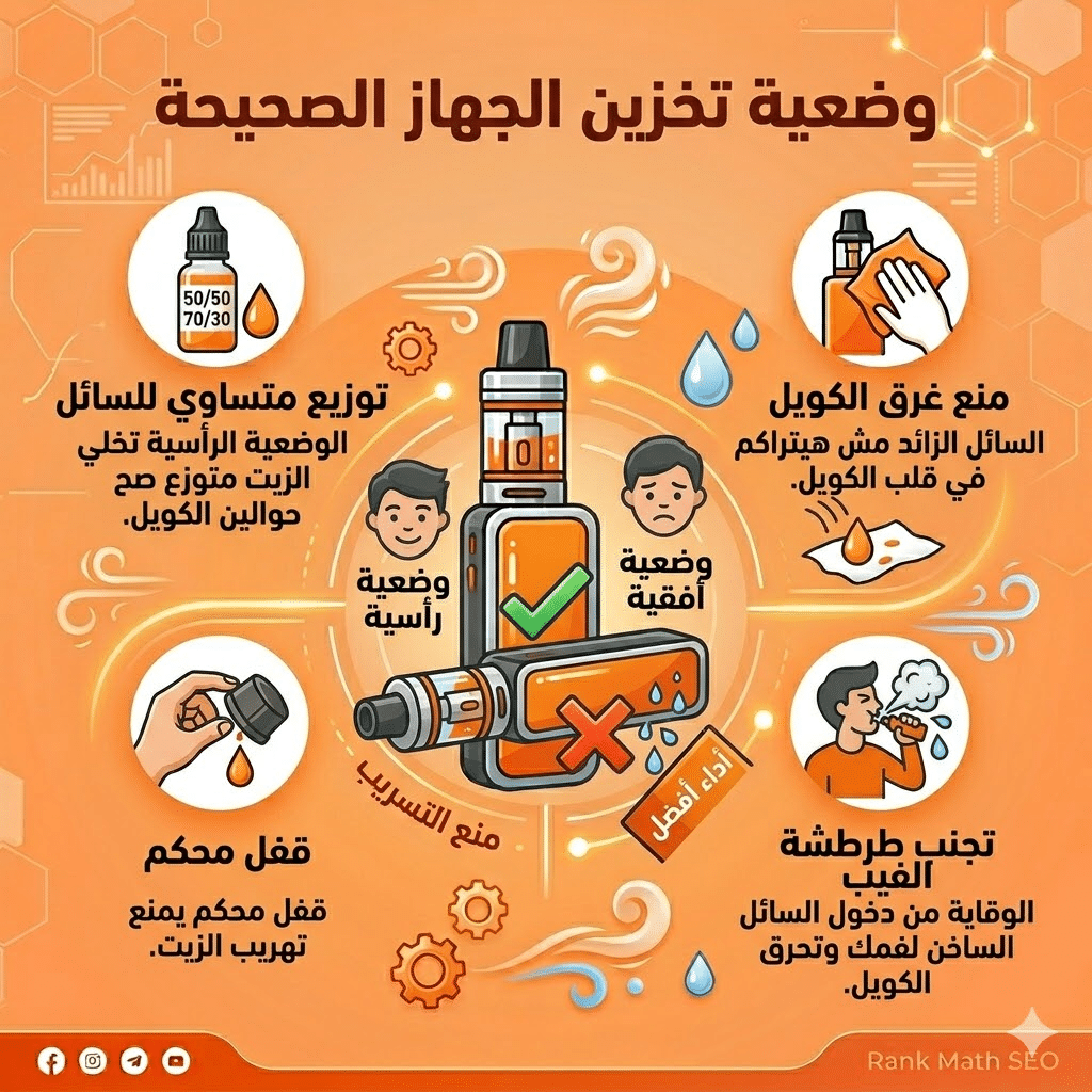 أسباب تسريب السائل في البود : حل مشكلة طرطشة الفيب (Spitback) ودخول السائل الساخن للفم | فيب مصر - Elkot Store وضعية تخزين الجهاز الصحيحة