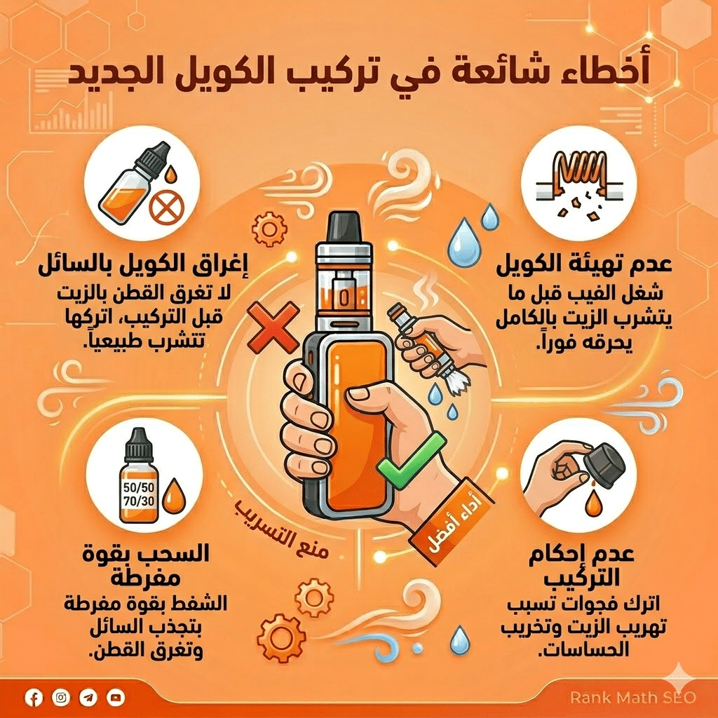 أسباب تسريب السائل في البود : حل مشكلة طرطشة الفيب (Spitback) ودخول السائل الساخن للفم | فيب مصر - Elkot Store أخطاء شائعة في تركيب الكويل الجديد