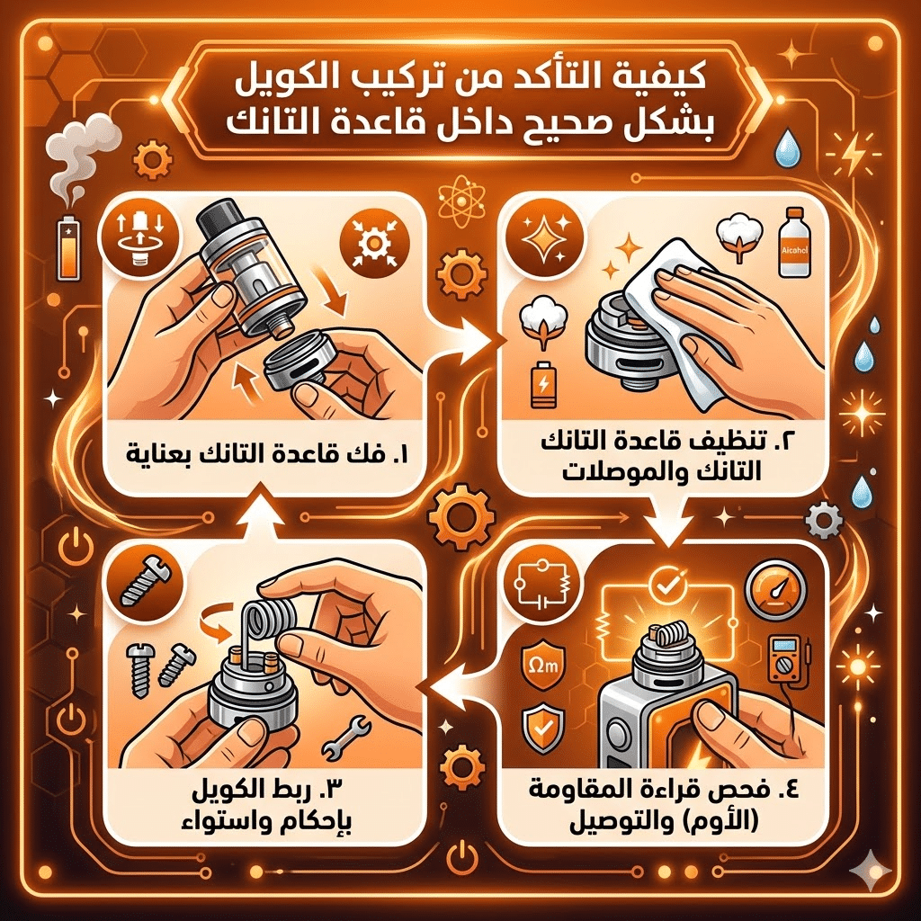 جهاز الفيب لا يقرأ الكويل ما الحل؟ | حل مشكلة No Atomizer Check Atomizer | فيب مصر - Elkot Store كيفية التأكد من تركيب الكويل بشكل صحيح داخل قاعدة التانك