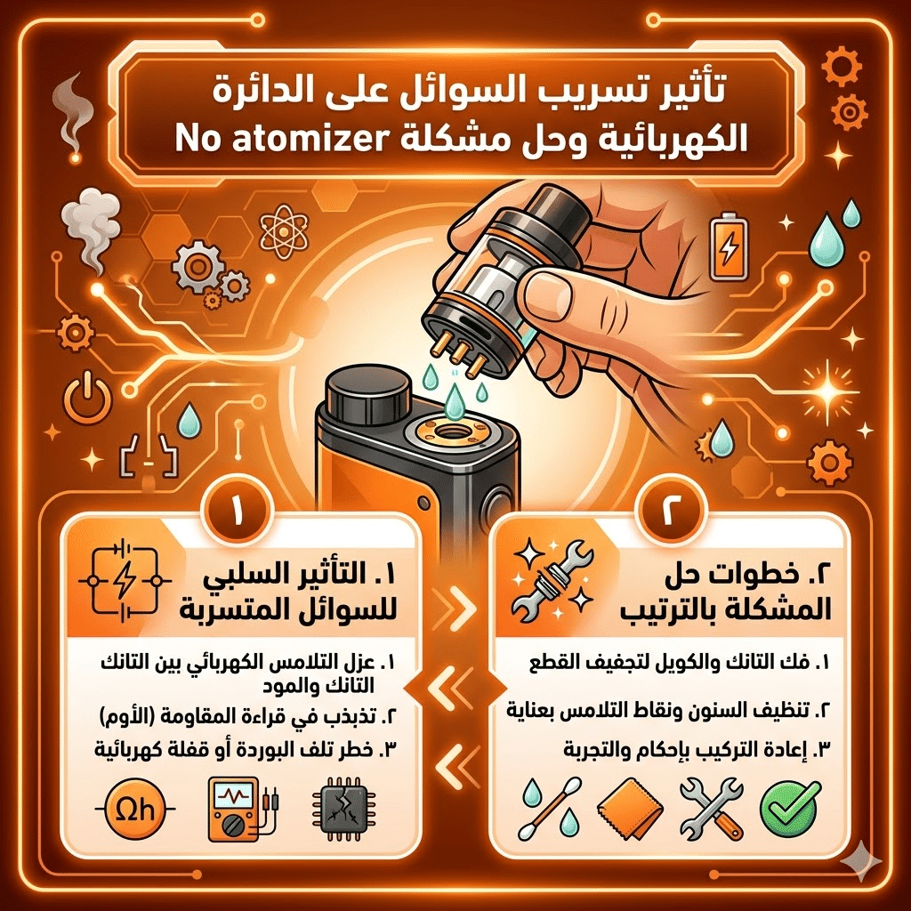 جهاز الفيب لا يقرأ الكويل ما الحل؟ | حل مشكلة No Atomizer Check Atomizer | فيب مصر - Elkot Store تأثير تسريب السوائل على الدائرة الكهربائية وحل مشكلة No Atomizer