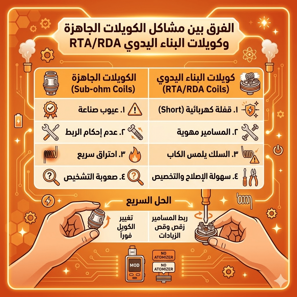 جهاز الفيب لا يقرأ الكويل ما الحل؟ | حل مشكلة No Atomizer Check Atomizer | فيب مصر - Elkot Store الفرق بين مشاكل الكويلات الجاهزة وكويلات البناء اليدوي Rta/Rda