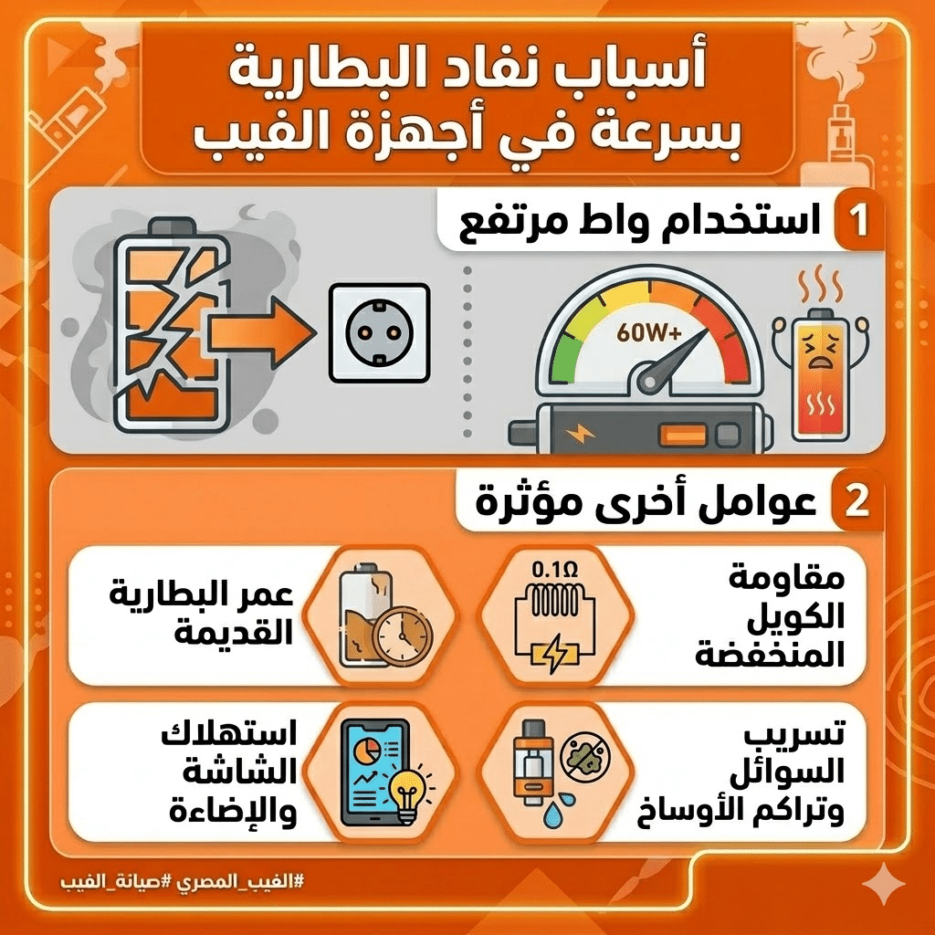 لماذا بطارية الفيب بتخلص بسرعة؟ نصائح ذهبية لإطالة عمرها | فيب مصر - Elkot Store أسباب نفاد البطارية بسرعة في أجهزة الفيب