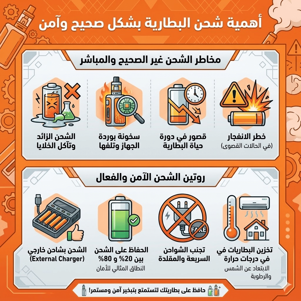 لماذا بطارية الفيب بتخلص بسرعة؟ نصائح ذهبية لإطالة عمرها | فيب مصر - Elkot Store أهمية شحن البطارية بشكل صحيح وآمن