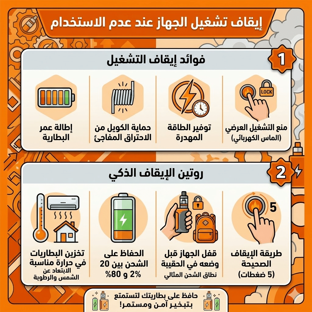 لماذا بطارية الفيب بتخلص بسرعة؟ نصائح ذهبية لإطالة عمرها | فيب مصر - Elkot Store إيقاف تشغيل الجهاز عند عدم الاستخدام