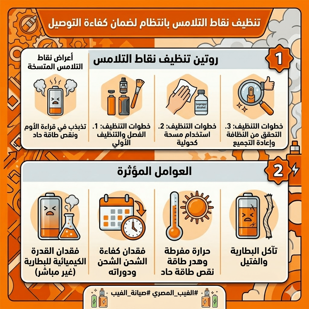 لماذا بطارية الفيب بتخلص بسرعة؟ نصائح ذهبية لإطالة عمرها | فيب مصر - Elkot Store تنظيف نقاط التلامس بانتظام لضمان كفاءة التوصيل