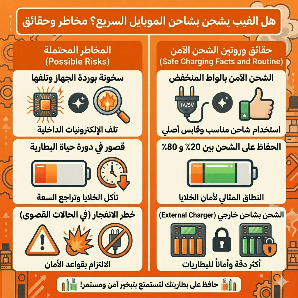 لماذا بطارية الفيب بتخلص بسرعة؟ نصائح ذهبية لإطالة عمرها | فيب مصر - Elkot Store هل الفيب يشحن بشاحن الموبايل السريع؟ مخاطر وحقائق